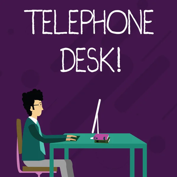 Conceptual hand writing showing Telephone Desk. Business photo showcasing provide a working surface enough to write notes while calling Businessman Sitting on Chair Working on Computer and Books. — 스톡 사진