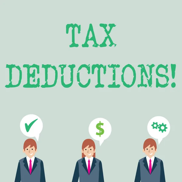 Word writing text Tax Deductions. Business concept for amount or cost that can be subtracted from someone s is income Businessmen Each has their Own Speech Bubble with Optimization Cost Icons. — 스톡 사진