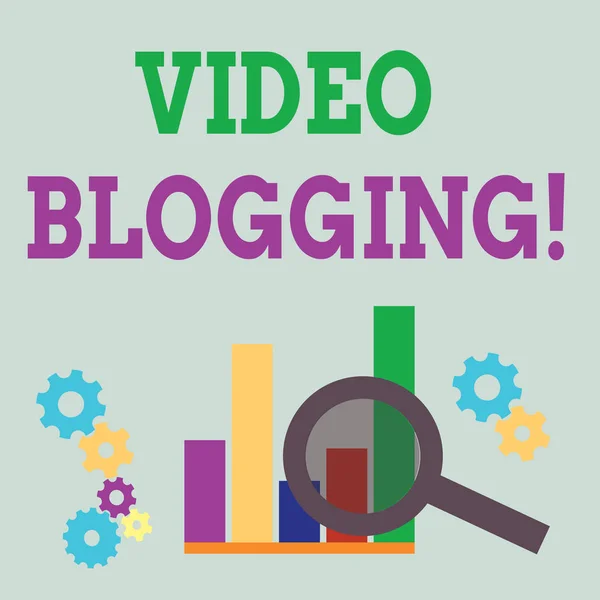 Word menulis teks Video Blogging. Konsep bisnis untuk bentuk blog yang medianya adalah televisi video Web Magnifying Glass Over Bar Column Chart di samping Cog Wheel Gears for Analysis . — Stok Foto