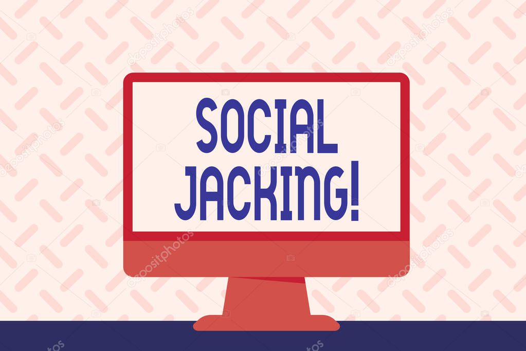 Text sign showing Social Jacking. Conceptual photo Spiteful method tricking the user to click vulnerable buttons Blank Space Desktop Computer Colorful Monitor Screen Freestanding on Table.