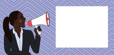 Ceketli, at kuyruklu genç kadın dikdörtgen şekilli mesaj kutusuyla Loudhailer 'a bağırıyor. Açıklamalar ve Tanıtımlar için Yaratıcı Arkaplan Alanı