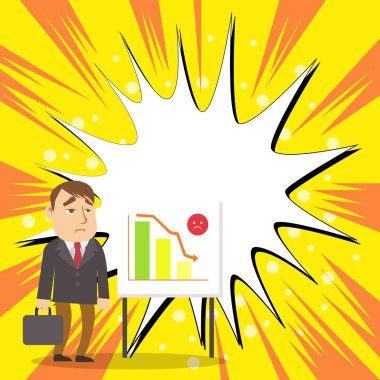 Üzgün İşadamı veya Çalışan Kısa Case Stand Üzerinde Beyaz Tahta tarafından Ayakta Falling Arrow ile Azalan Bar Grafik Gösteren. Aşağı Akım Trend Kavramının Düz Tasarımı