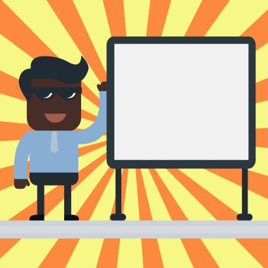 Gülşen İşadamı veya Ofis Çalışanı Güneş Gözlüğü ve Kravat Ayakta Boş Beyaz Tahta Yanında Stand onun Sol Eli İş Toplantısı veya Sunum Kaldırdı ile Ayakta