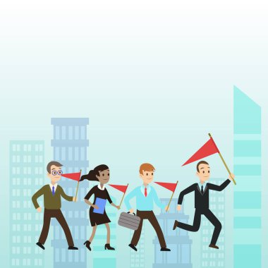 İş Adamları Grubu Üç Erkek ve Bir Kadın Ofis Kıyafetleri Kısa Durumda, Klasör ve Bayraklar Gösteri veya Seçim Öncesi Toplantı Lideri Başkanlığında Çalışan