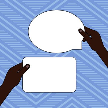 İki Boş Tablet Tutan Eller Sol Elbir Dikdörtgen Bir Sağ Bir Oval Konuşma Bubble şeklinde başka. Metin için Yaratıcı Arka Plan Alanı