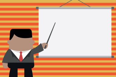 Konuşmacı profesyonel eğitim veriyor. Projektör ekranında duran yönetici adam. İşadamı proje fikrini işaret etti. Yönetici hedefi gösteriyor. Fotoğraf .