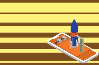 Ayakta roket yalan akıllı telefon başlatmak için hazır. Başlangıç görüşmeleri. Başarılı planlama projesi başlatmak için bekliyor. Uzay gemisi dışarı çıkmak için hazırlar.