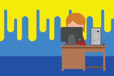 Masaüstü bilgisayarında çalışan genç bir kadın. Kadın çalışma ofisi asistanı. Monitör, işlemci, internet bağlantısı. Tahta masa. fotoğraf.