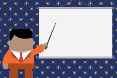 Konuşmacı profesyonel eğitim veriyor. Projektör ekranında duran yönetici adam. İşadamı proje fikrini işaret etti. Yönetici hedefi gösteriyor. Fotoğraf .