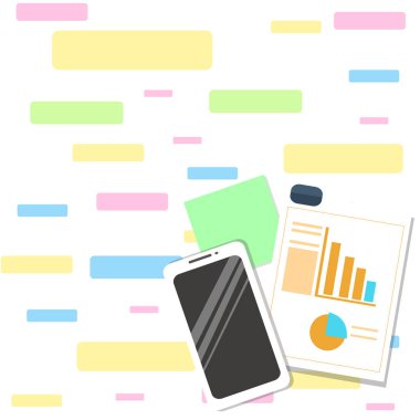 Açık Akıllı Telefon Cihazının Düz Fotoğraf Düzeni, Renkli Pasta Grafiği ile Yapışkan Notlar ve Pano ve Raporlar ve Sunumlar için Azalan Çubuk Grafiği