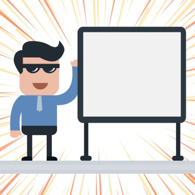 Gülşen İşadamı veya Ofis Çalışanı Güneş Gözlüğü ve Kravat Ayakta Boş Beyaz Tahta Yanında Stand onun Sol Eli İş Toplantısı veya Sunum Kaldırdı ile Ayakta