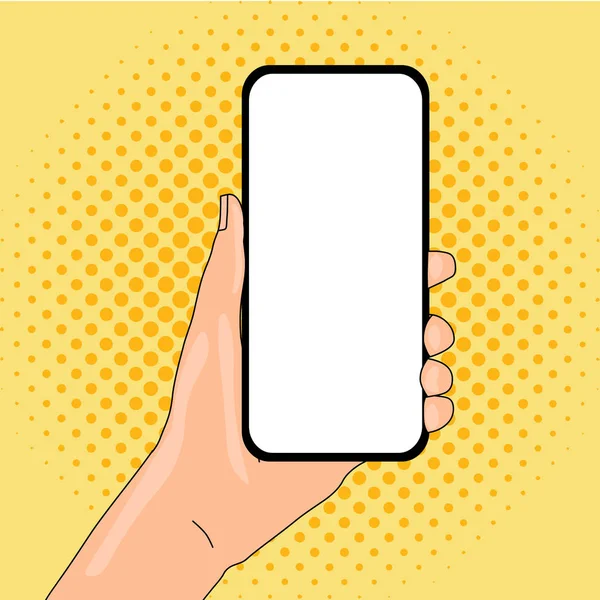 Gros plan de l'écran vierge Smartphone tenu à la main verticalement avec espace vide pour le texte. Contexte créatif des annonces Annonces Promotions — Image vectorielle