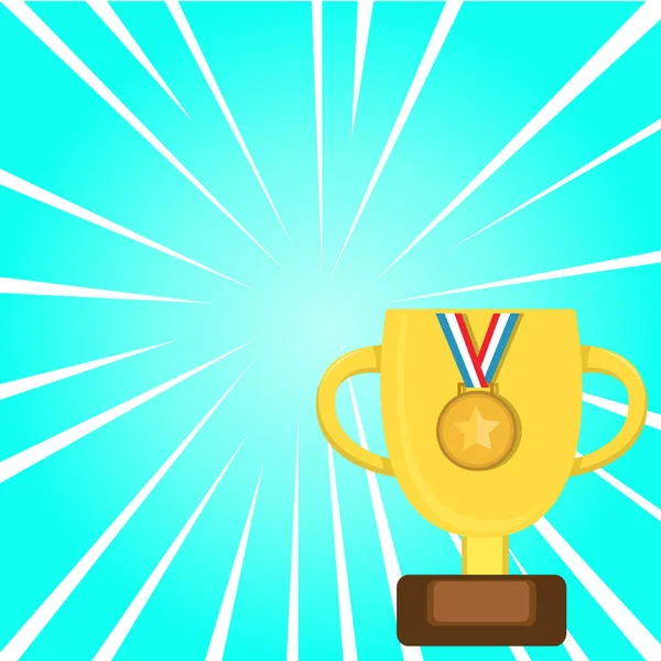 ストライプリボンで金メダルで飾られたブランクプラークとハンドルと木製ベースとトロフィーカップのフラット写真。ペデスタルの受賞者賞 — ストックベクタ