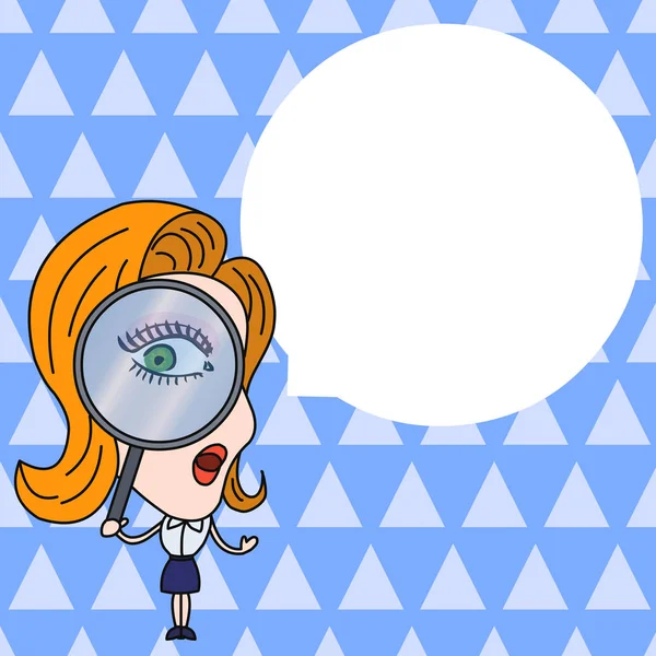 Vrouw op zoek naar door vergrootglas met drijvende ronde vorm Blanco Speech Bubble in het wit. Platte foto Ontwerp van onderzoek Probleemoplossing Concept — Stockvector