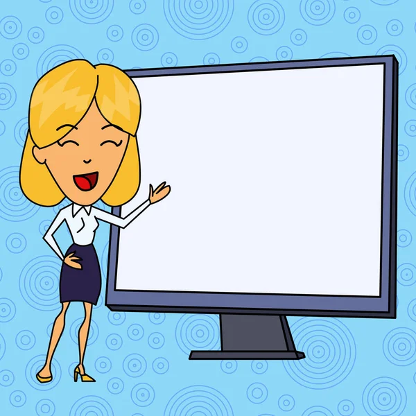 Usměvavá bílá samice v formálním oděvu a ukazující na prázdnou projekční obrazovku nebo tabuli na stojan s levou rukou na prezentaci, přednáška nebo obchodní schůzka — Stockový vektor