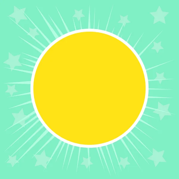 Foto plana Diseño de Sol y Rayos contra Star Backdrop. Círculo Amarillo con Frontera Blanca y Rayos Brillantes Delgados en Tono Verde Pastel. Concepto de negocio para anuncios de redes sociales Banners — Vector de stock