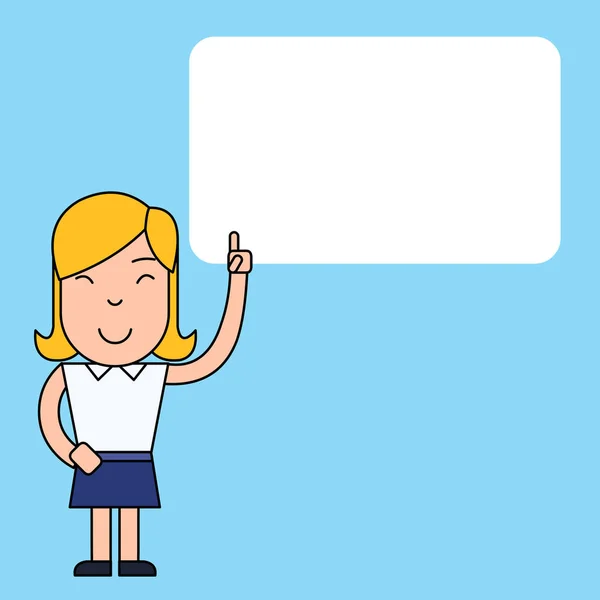 Smiling Young Female Standing with Raised Left Index Finger for Attention Pointing at Blank Rectangular Text Box. Creative Background for Announcements Advertisements Promotions — Stock Vector