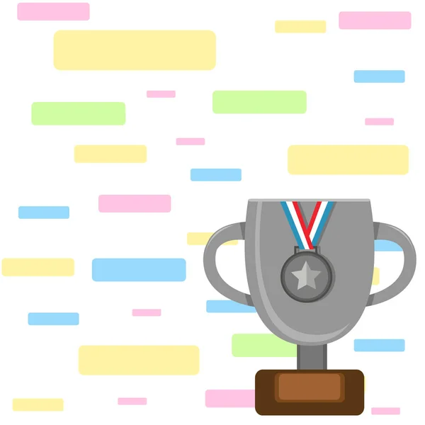 Foto plana da Taça do Troféu com Alças e Base de Madeira com Placa em Branco Decorada por Medalha de Prata com Fita Listrada. Prêmio Vencedor em Pedestal —  Vetores de Stock