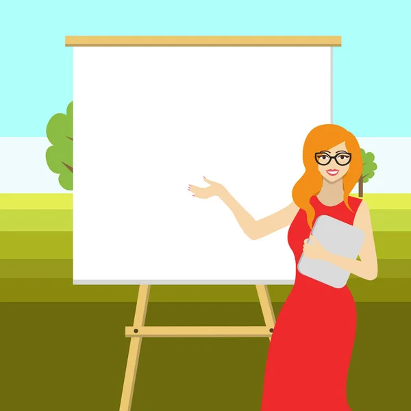 Χαμογελαστή λευκή γυναίκα σε ποτήρια στέκεται από κενό πίνακα σε stand με tablet ή φάκελο στο αριστερό χέρι και δείχνοντας προς το σκάφος με το δεξί χέρι στη διάλεξη ή επαγγελματική συνάντηση — Διανυσματικό Αρχείο