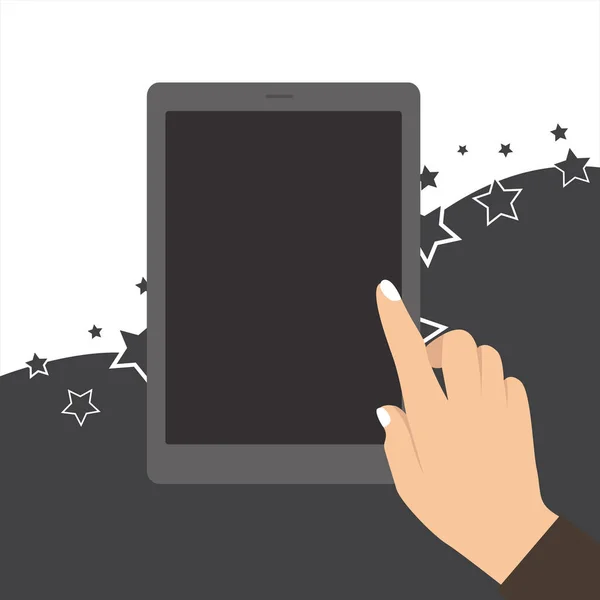 Frauenhand mit weiß polierten Nägeln, die auf ein Touchscreen-Tablet oder Smartphone mit ausgeschaltetem Bildschirm oder im Hintergrund zeigen. Foto Foto-Grafik-Design. flacher Stil — Stockvektor