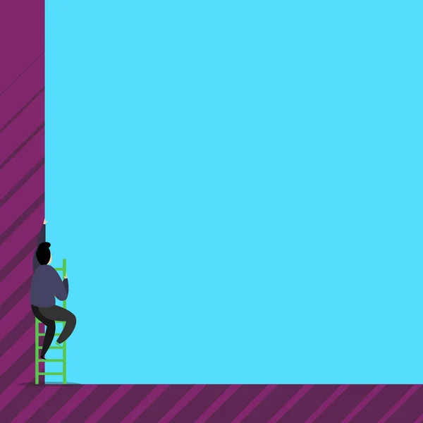 Egy férfi ember mászik fel a lépcsőn. Ember mozog lépést magas magas fal rövid létrát lépcsőzetes. fénykép egy lehetetlenség hiánya reménytelenség — Stock Vector