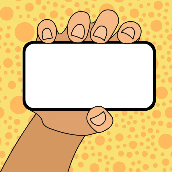 Closeup of Blank Screen Smartphone Held in Hand Horizontally with Empty Space for Text. Fundo criativo para anúncios Promoções Anúncios —  Vetores de Stock