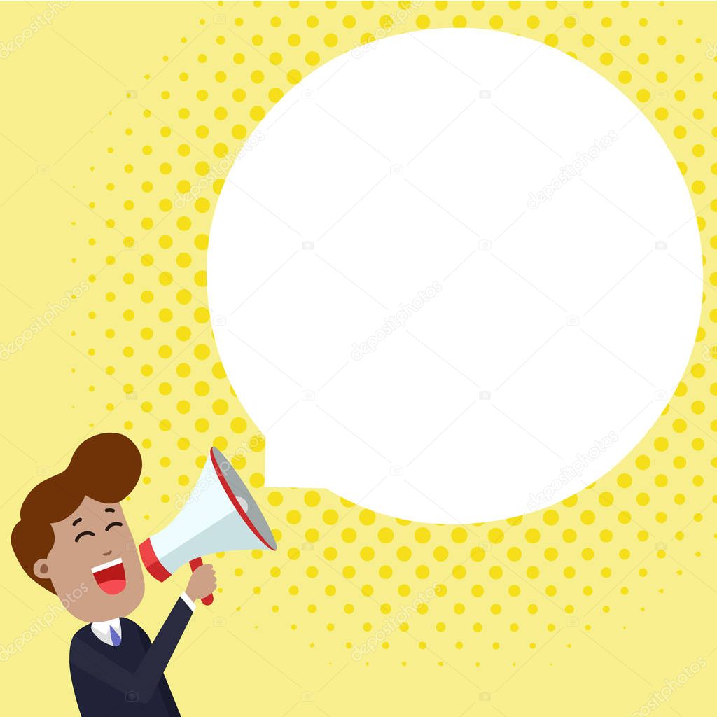Happy Young Male Shouting into Megaphone with Round Shape Empty Speech Bubble Floating Over. Creative Background Space for Announcements and Promotions