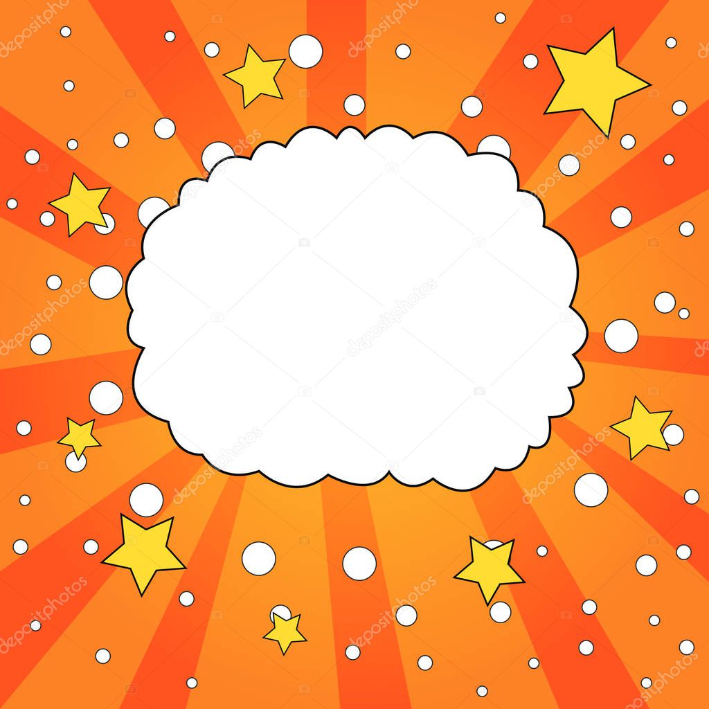 Flat photo Design of Blank Speech Bubble Cloud against Colored Background with Orange Tone Sunburst, Yellow Stars and Round Shape White Spots in Random