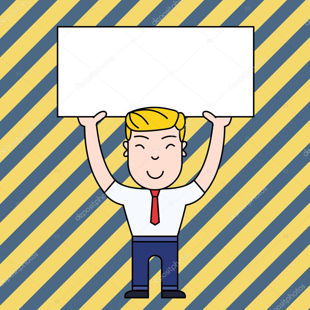 Smiling Young Male in Formal Clothes Standing and Holding Big Empty Placard Overhead with Both Hands. Creative Background Space for Announcements and Promotions