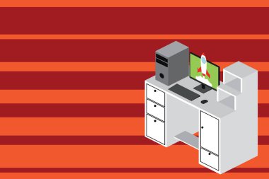 Üst görünüm ahşap çalışma masaüstü istasyonu beş çekmecekişisel bilgisayar roket ekran bulutlar arka plan, klavye, fare, merkezi işlem ünitesi başlatma.