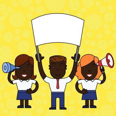 Barışçıl Gösteri veya Strike Boş Banner, Megafon ve Spy Cam Holding Gülümseyen İnsanlar Erkek ve İki Kadın Grubu. Düz fotoğraf fotoğrafı. Sanat Tasarımı