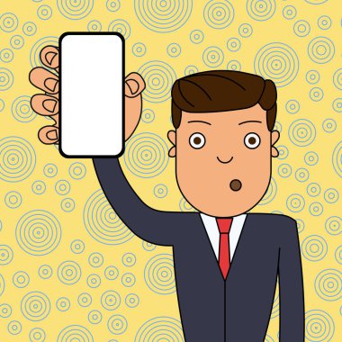 Şaşkın veya Şaşırmış Erkek Ofis Çalışanı veya İşadamı Dikey Boş Ekran Akıllı Telefon Cihazı tutuyor. Duyurular Haber Promosyonları için Yaratıcı Arka Plan