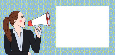 Ceketli, at kuyruklu genç kadın dikdörtgen şekilli mesaj kutusuyla Loudhailer 'a bağırıyor. Açıklamalar ve Tanıtımlar için Yaratıcı Arkaplan Alanı