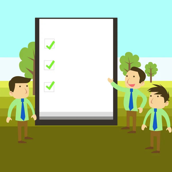 Group of Young Businessmen or White Collars Standing Beside Whiteboard or Presentation Chart with Three Green Check Marks over White Background Discussing Missions Accomplished. — Stock Vector