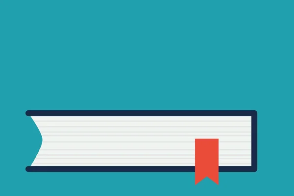 Vista lateral del libro cerrado sobre mesa o escritorio con cinta de marcador roja aislada sobre fondo azul. Negocio de diseño plano. foto foto Concepto . — Vector de stock