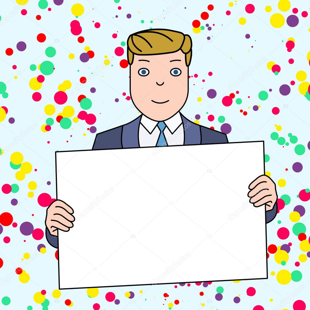 Smiling Man in Formal Suit Holding Big Blank Poster Board in Front of Himself with Both Hands. Creative Background Space for Announcements and Promotions