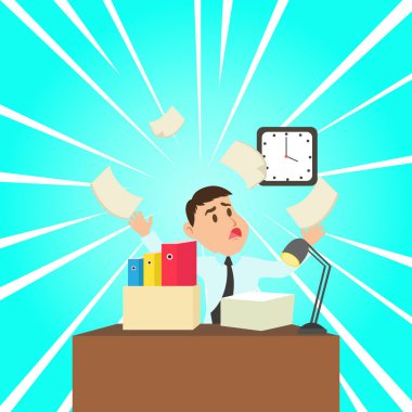 Masaüstünde Oturan Şaşkın Erkek Ofis Çalışanı Dosya Klasörleri ve Kağıt Ream ile Darmadağın Oturan Duvar Saati bakıyor ve O Son Karşılamak için başarısız anlayış