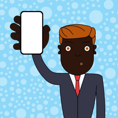 Şaşkın veya Şaşırmış Erkek Ofis Çalışanı veya İşadamı Dikey Boş Ekran Akıllı Telefon Cihazı tutuyor. Duyurular Haber Promosyonları için Yaratıcı Arka Plan