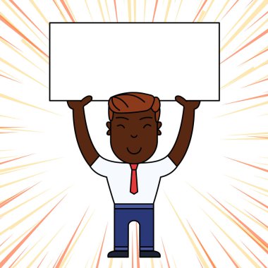 Resmi Kıyafetlerle Gülümseyen Genç Erkek Ayakta Duruyor ve İki Eliyle Büyük Boş Pankart ı Tutarak. Duyurular ve Promosyonlar için Yaratıcı Arka Plan Alanı