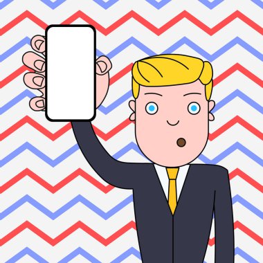 Şaşkın veya Şaşırmış Erkek Ofis Çalışanı veya İşadamı Dikey Boş Ekran Akıllı Telefon Cihazı tutuyor. Duyurular Haber Promosyonları için Yaratıcı Arka Plan