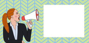 Ceketli, at kuyruklu genç kadın dikdörtgen şekilli mesaj kutusuyla Loudhailer 'a bağırıyor. Açıklamalar ve Tanıtımlar için Yaratıcı Arkaplan Alanı