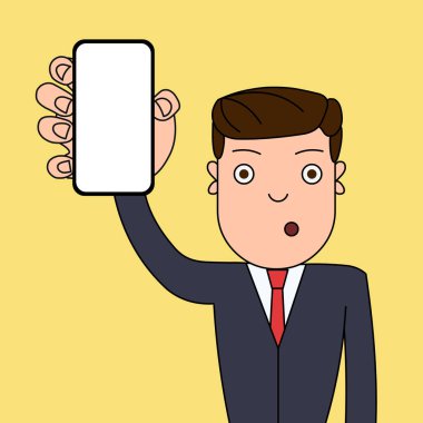 Şaşkın veya Şaşırmış Erkek Ofis Çalışanı veya İşadamı Dikey Boş Ekran Akıllı Telefon Cihazı tutuyor. Duyurular Haber Promosyonları için Yaratıcı Arka Plan