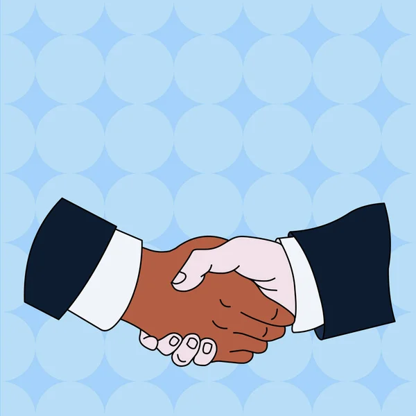 Hand Shake tussen multiraciale mannelijke zaken partners of collega's die formele witte shirts en zwarte pakken dragen. foto. Vlakke stijl Art Design. — Stockvector