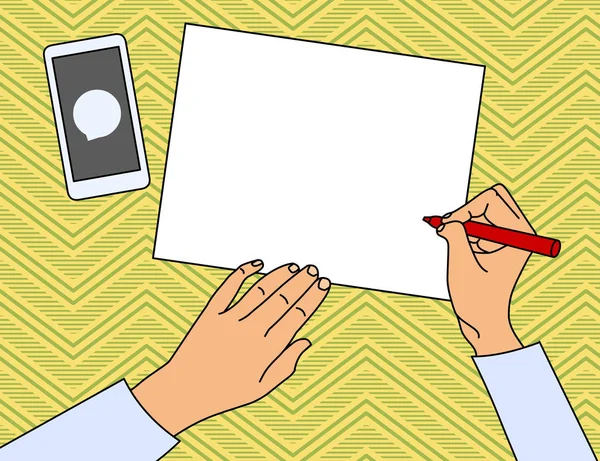 Vista superior de la persona sentada en el escritorio con pluma o lápiz en la mano derecha para escribir en blanco Cuadrado de papel y dispositivo de teléfono inteligente con icono de mensaje en la pantalla — Archivo Imágenes Vectoriales
