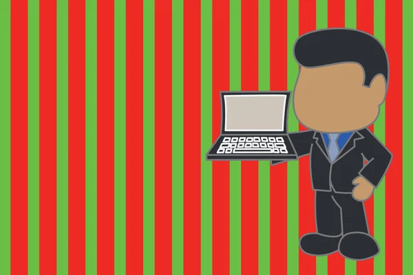 Stálý profesionální podnikatel, který drží na pravé straně přenosný laptop kravatu s oblečením. Správce zobrazující osobní počítač. Elektronické zařízení zaměstnance pro muže. — Stockový vektor