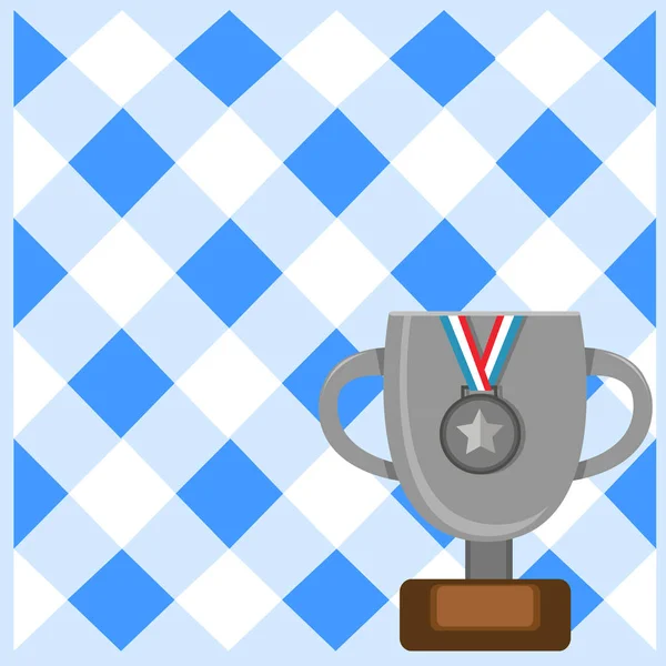 Platte foto foto van Trophy Cup met handvatten en houten basis met lege plaque versierd met zilveren medaille met gestreepte lint. Winnaar prijs op sokkel — Stockvector