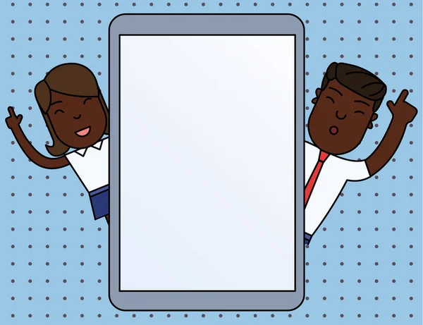 Deux personnes Homme et femme émergent de derrière tablette écran tactile ou Smartphone avec son écran éteint ou en arrière-plan avec leurs index vers le haut. Design photo plat . — Image vectorielle