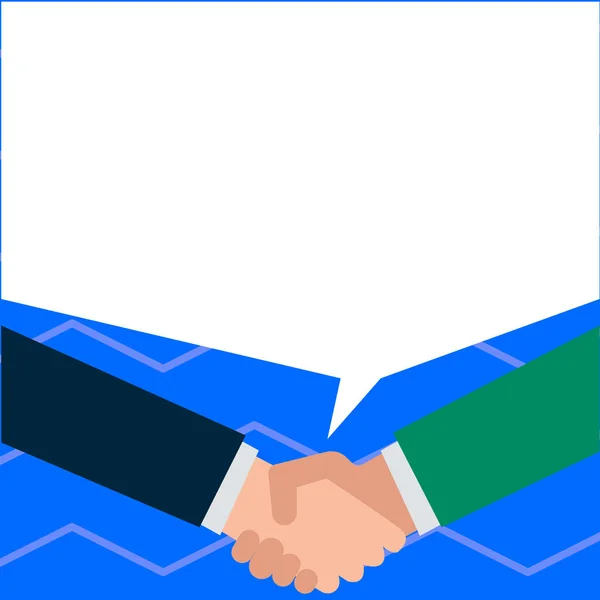 Two People shaking hands and have a serious conversation. A pair of men greet each other while have a bubble talks. Businessmen make agreement on their business. — Stock Vector