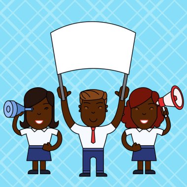 Barışçıl Gösteri veya Strike Boş Banner, Megafon ve Spy Cam Holding Gülümseyen İnsanlar Erkek ve İki Kadın Grubu. Düz fotoğraf fotoğrafı. Sanat Tasarımı