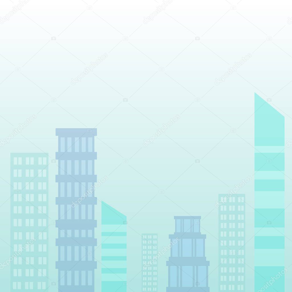 Flat photo Design of Cityscape in Pastel Blue Tone. Seven Different Size Buildings against Unclouded Skies. Creative Background Idea for Themed Events.